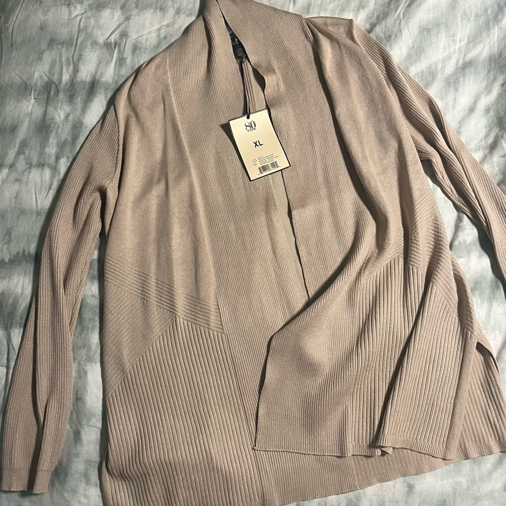 Beige Ribbed Knit Cardigan Sweater